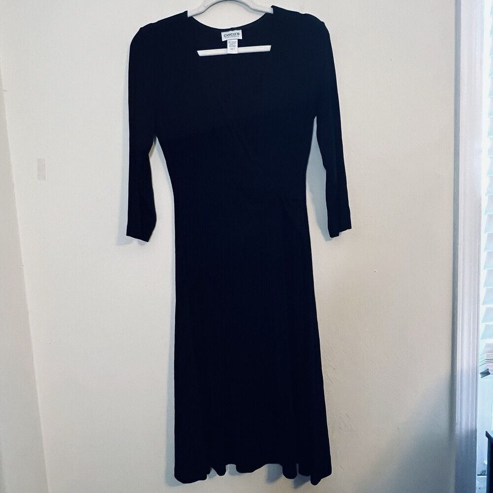 Chicos Travelers Black Faux Wrap Dress Size 4 Small Slinky Knee Length LBD